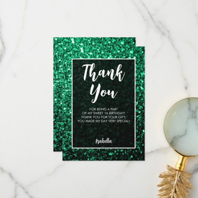 Emerald Green sparkles Sweet 16 elegant script Thank You Card (Front/Back In Situ)