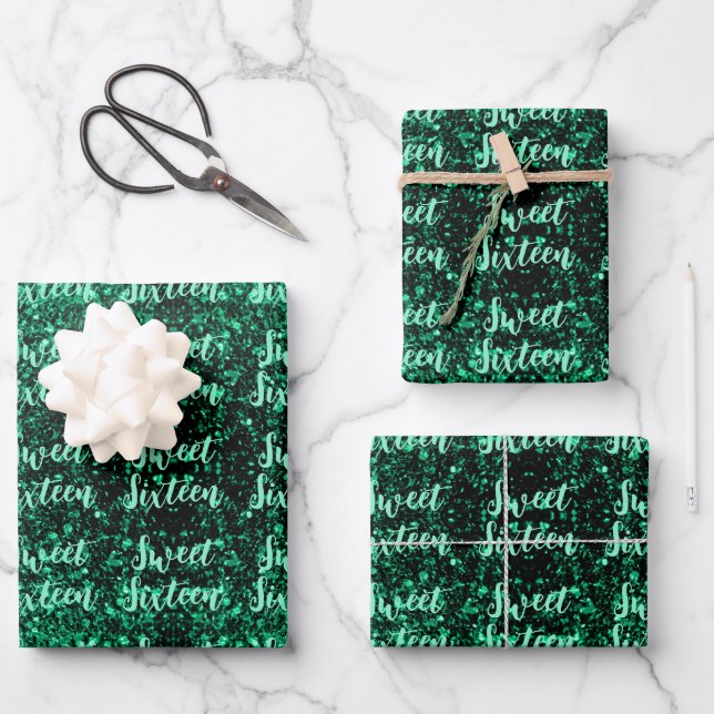 Emerald Green sparkles Sweet 16 script pattern Wrapping Paper Sheet (Front)