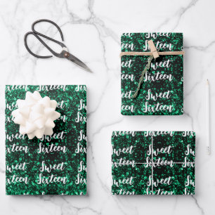 Emerald Green sparkles Sweet 16 script pattern Wrapping Paper Sheet
