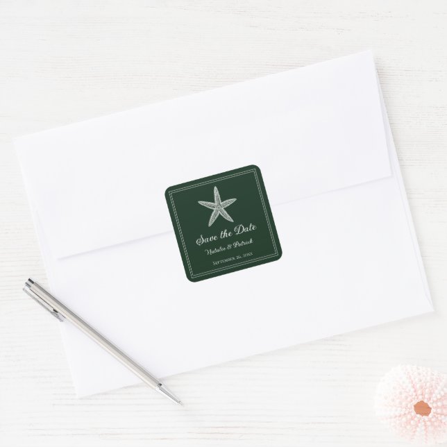 Emerald Green Starfish Save the Date Square Sticker (Envelope)