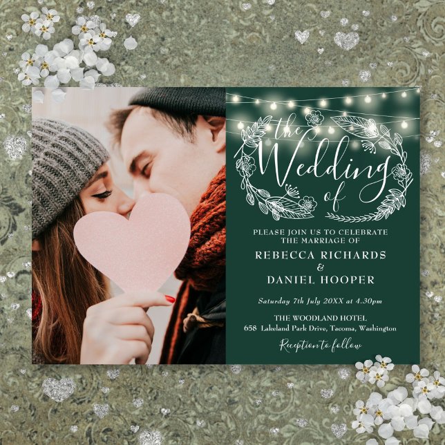 Emerald Green String Lights Floral Photo Wedding Invitation (Emerald Green String Lights Floral Photo Wedding Invitation)