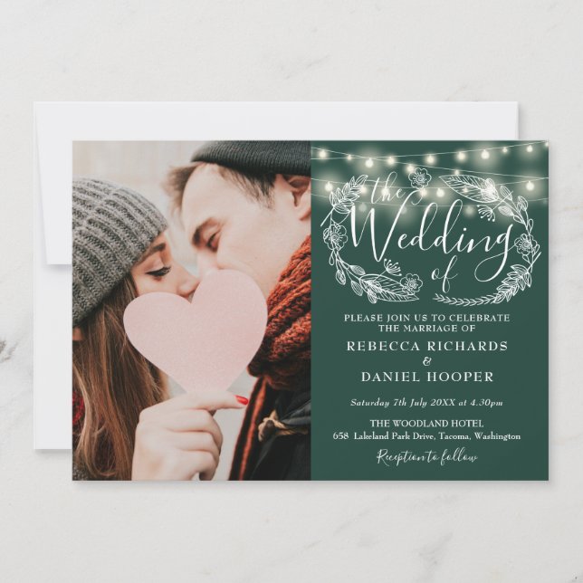 Emerald Green String Lights Floral Photo Wedding Invitation (Front)
