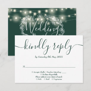 Emerald Green String Lights Floral Wedding RSVP Card