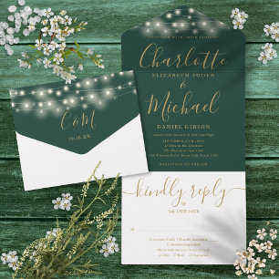 Emerald Green String Lights Gold Script Wedding All In One Invitation