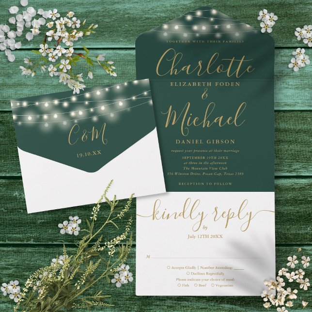 Emerald Green String Lights Gold Script Wedding All In One Invitation (Emerald Green String Lights Gold Script Wedding All In One Invitation)