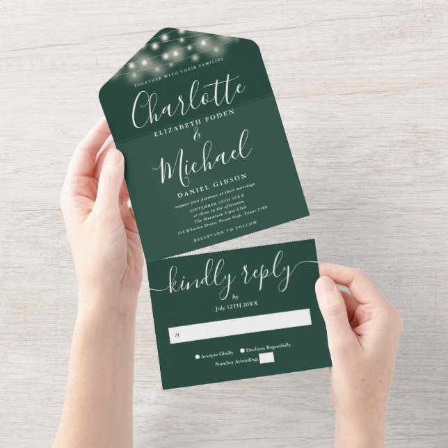 Emerald Green String Lights Modern Script Wedding All In One Invitation (Tearaway)