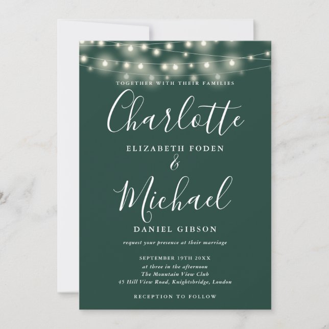Emerald Green String Lights Script Photo Wedding  Invitation (Front)