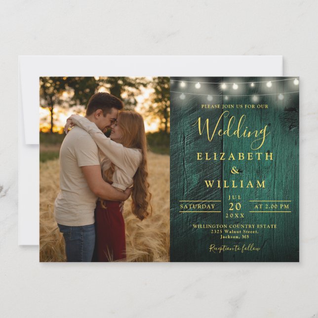 Emerald Green String Lights Wedding Photo Details Invitation (Front)