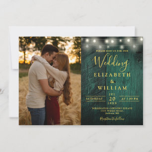 Emerald Green String Lights Wedding Photo Details Invitation