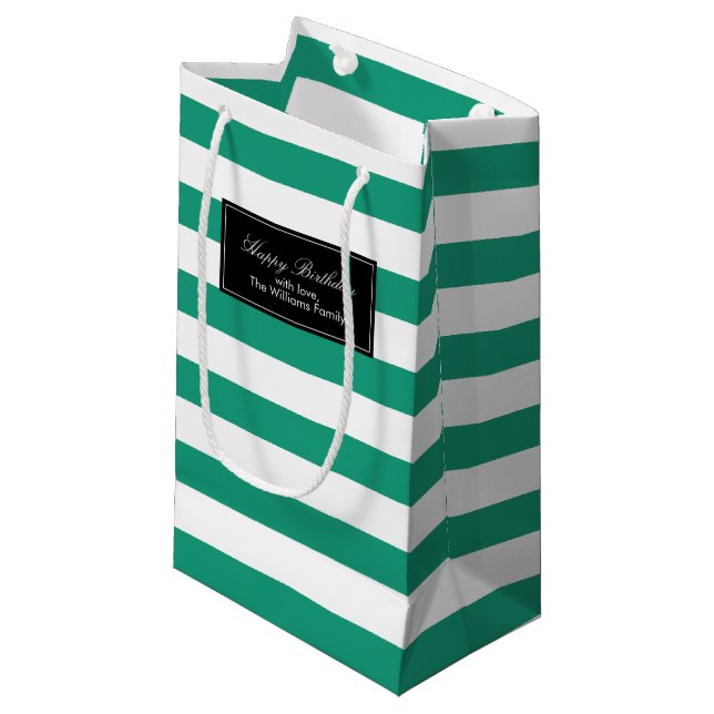 Emerald Green Stripes Pattern Personalised Small Gift Bag (Front Angled)