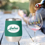 Emerald Green Stylised Wedding Groomsman Name<br><div class="desc">Gift your wedding groomsman with this trendy and personalised, stainless steel wine tumbler with his name in stylised script inside a white, oval design. Background colour and script is an emerald green. Perfect for a bachelor party as well! Personalise your wine tumbler by editing and replacing name with desired name....</div>