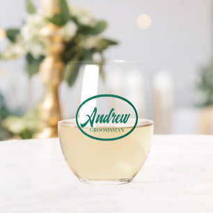 Emerald Green Stylised Wedding Groomsman Stemless Wine Glass