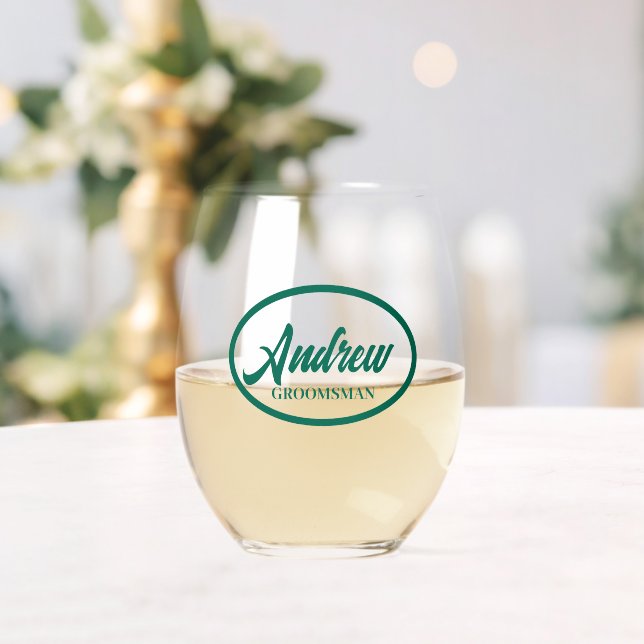 Emerald Green Stylised Wedding Groomsman Stemless Wine Glass (Insitu (Wedding))