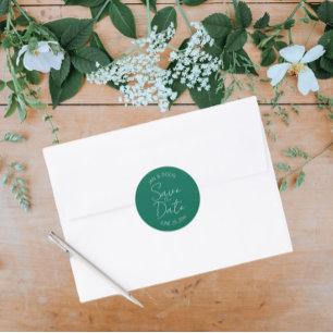 Emerald Green Stylised Wedding Save the Date Classic Round Sticker