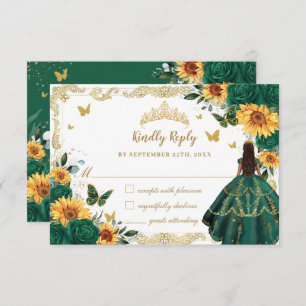 Emerald Green Sunflower Floral Quinceañera Dress RSVP Card