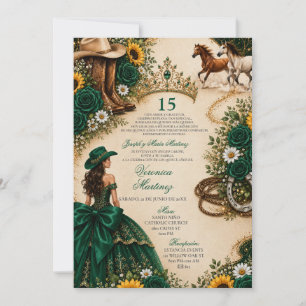 Emerald Green Sunflower Rose Vaquera Quinceañera Invitation