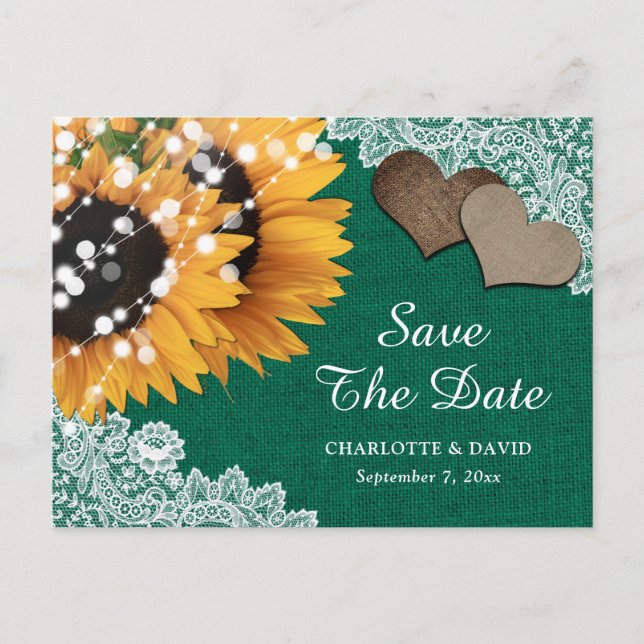 Emerald Green Sunflower Wedding Save The Date Announcement Postcard (Front)