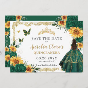 Emerald Green Sunflowers Floral Gold Quinceañera Save The Date