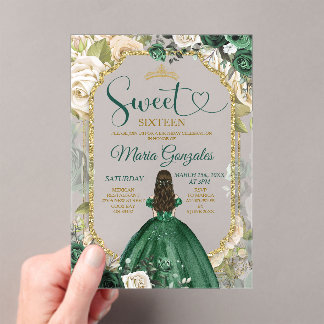 Emerald Green Sweet 16 Quinceañera Glitter Floral Acrylic Invitations