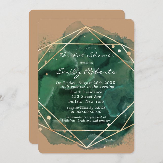 Emerald Green Tan Gold Watercolor Bridal Shower  Invitation (Front/Back)