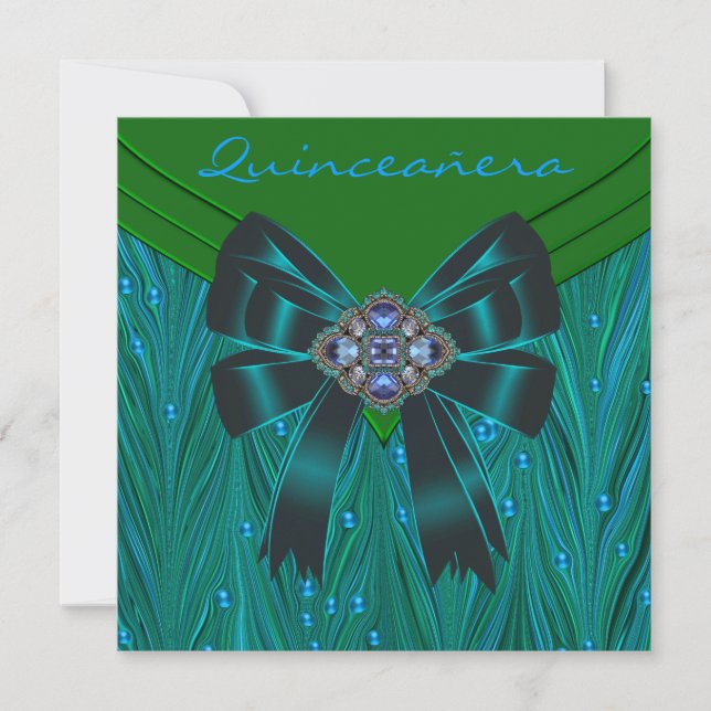 Emerald Green Teal Blue Quinceanera Invitation (Front)