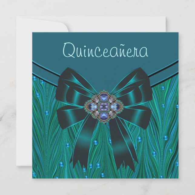 Emerald Green Teal Blue Quinceanera Invitation (Front)