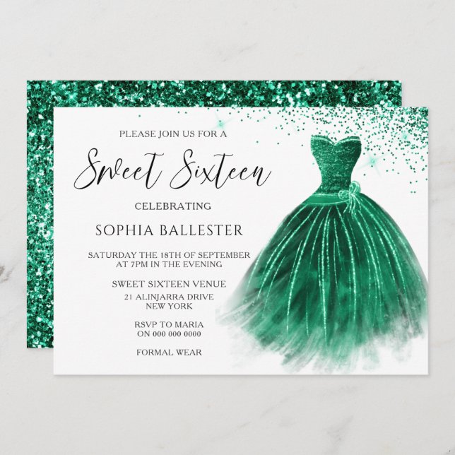 Emerald Green Teal Glitter Gown Sweet 16 Party Invitation (Front/Back)