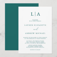 Emerald Green Teal Monogram Minimalist Wedding Inv