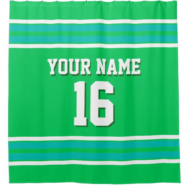 Emerald Green Teal White Stripes Sports Jersey Shower Curtain (Front)
