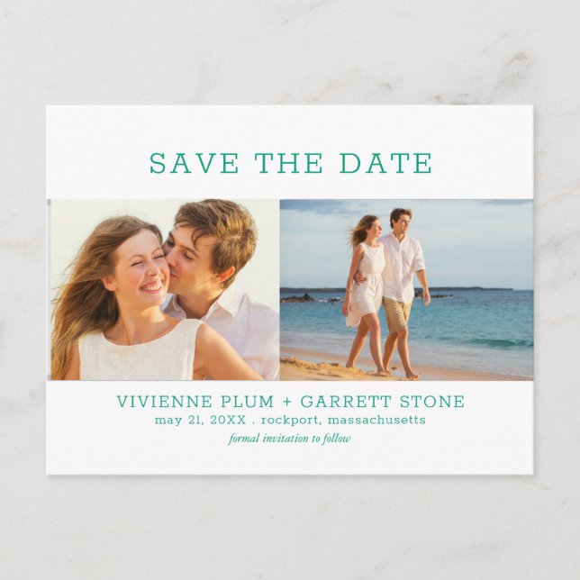 Emerald Green Text 3 Photo Wedding Save the Date Announcement Postcard (Front)