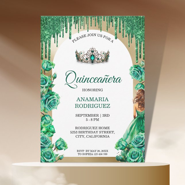 Emerald Green Tiara Quinceañera Roses Floral Arch Invitation (emerald green tiara quinceanera)