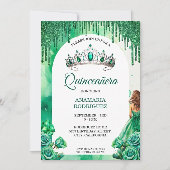 Emerald Green Tiara Quinceañera Roses Floral Arch Invitation (Front)