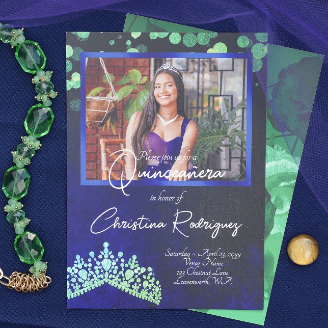 Emerald Green Tiara, Sapphire Blue Quinceanera Invitation (Sapphire blue, emerald green tiara crown quinceanera invitations, elegant royal blue and green)