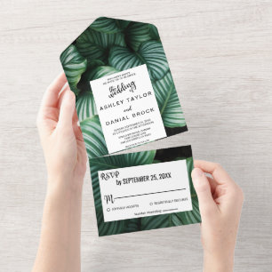 Emerald green tropical chic floral Wedding All In  One Invitation