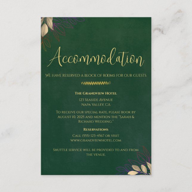 Emerald Green Velvet Wedding Accommodation Weekend Enclosure Card (Front)