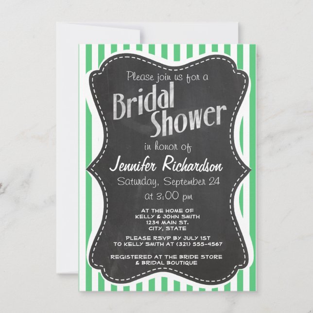Emerald Green Vertical Stripes; Vintage Chalkboard Invitation (Front)