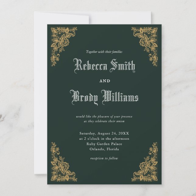 Emerald Green Vintage Antique Lace Wedding Invitation (Front)