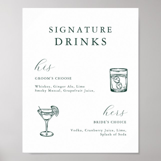 Emerald Green Vintage Botanical Signature Drinks Poster (Front)