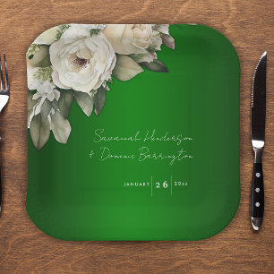Emerald Green Vintage White Roses Wedding Paper Plate