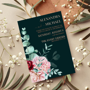 Emerald Green Watercolor Burgundy Flowers Wedding