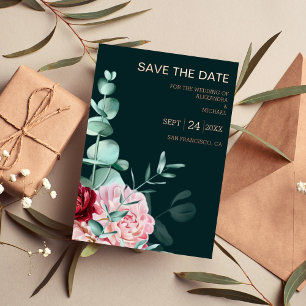 Emerald Green Watercolor Burgundy Flowers Wedding 