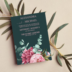 Emerald Green Watercolor Burgundy Flowers Wedding Invitation