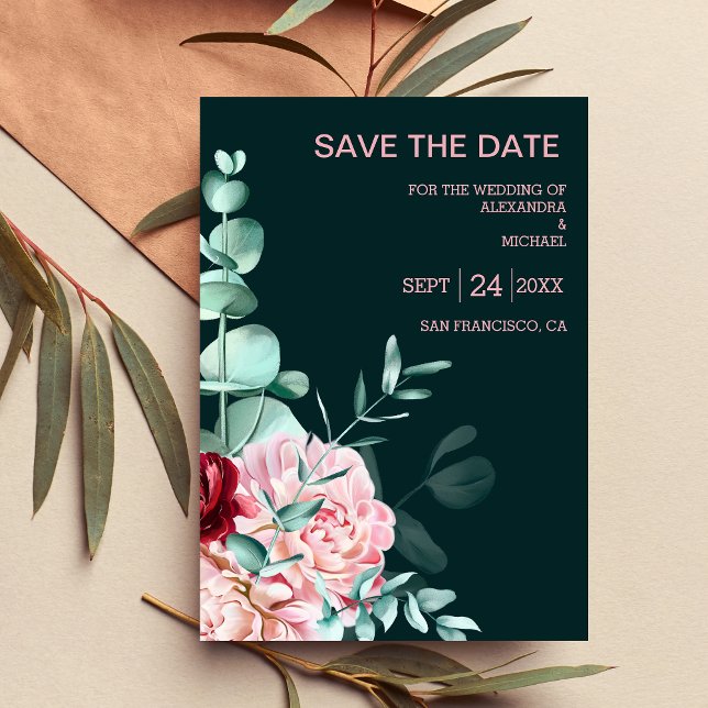 Emerald Green Watercolor Burgundy Flowers Wedding  Save The Date (Creator Uploaded)