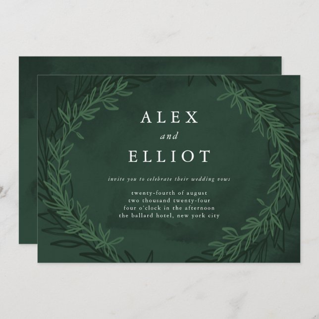 Emerald Green Watercolor Dramatic Laurels Wedding  Invitation (Front/Back)