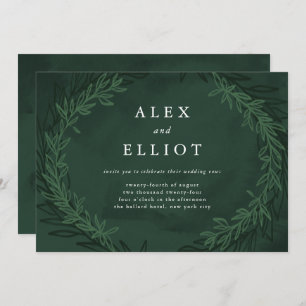 Emerald Green Watercolor Dramatic Laurels Wedding  Invitation