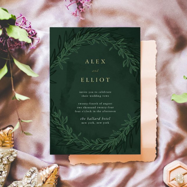 Emerald Green Watercolor Dramatic Wedding Gold (Dramatic green and gold foil botanical wedding invitation.)