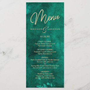 Emerald Green Watercolor Gold Wedding Dinner Menu