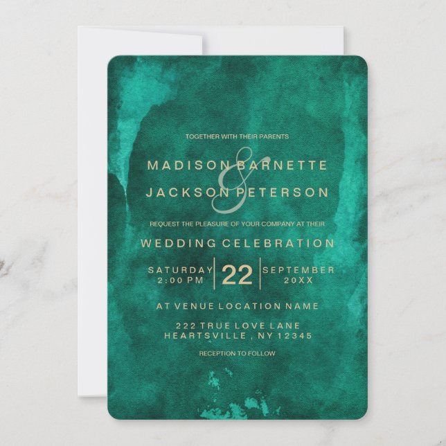 Emerald Green Watercolor Gold Wedding Invitations (Front)