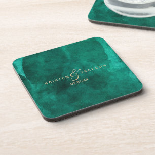 Emerald Green Watercolor & Gold Wedding Monogram Coaster