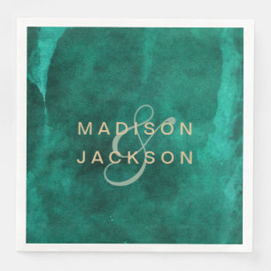 Emerald Green Watercolor & Gold Wedding Monogram Napkin